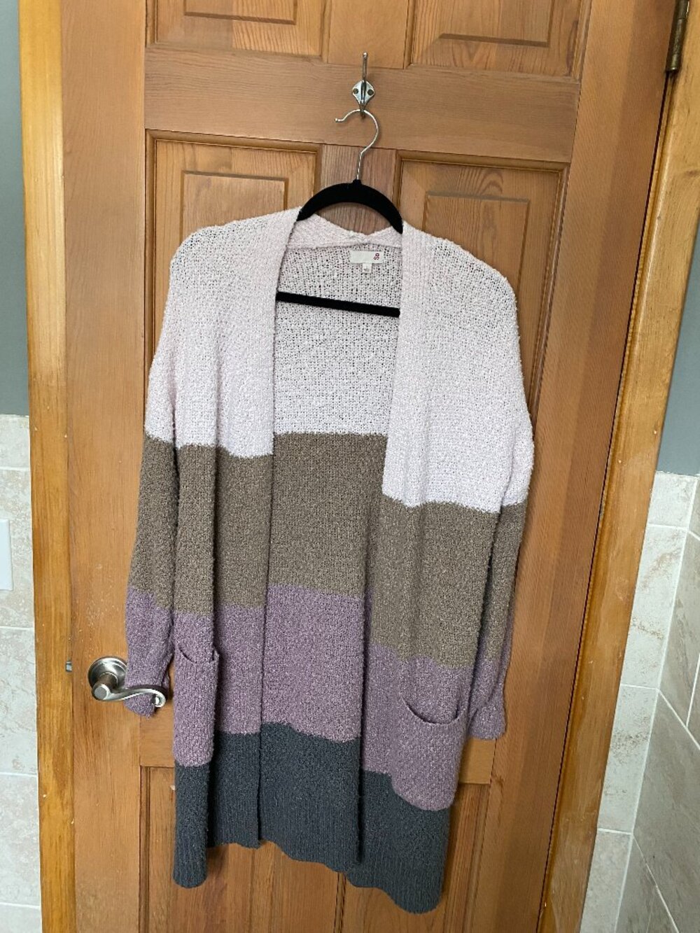 SO Colorblock Knit Cardigan Sweater Pink Brown Gray Long Sleeve Pockets L